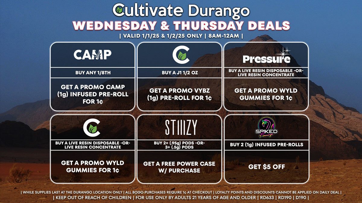 Cultivate Las Vegas Dispensary Daily Deals! Valid WEDNESDAY & THURSDAY 1/1-1/2 Only | 8AM-12AM | While Supplies Last!