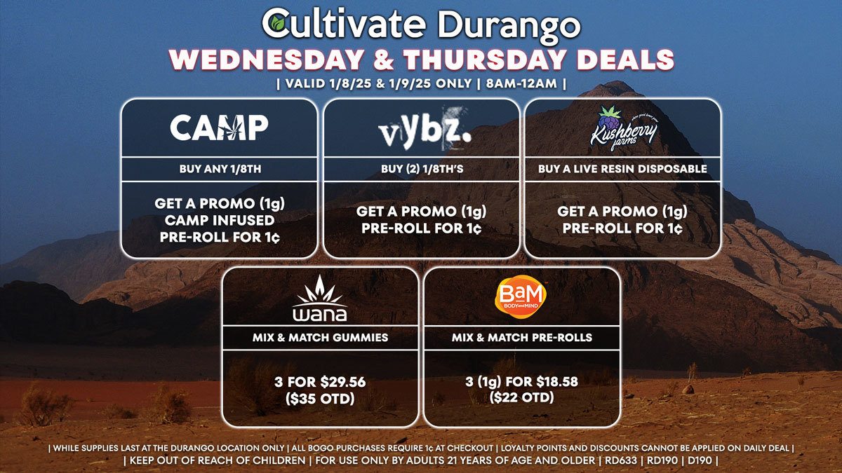 Cultivate Las Vegas Dispensary Daily Deals! Valid WEDNESDAY & THURSDAY 1/8-1/9 Only | 8AM-12AM | While Supplies Last!