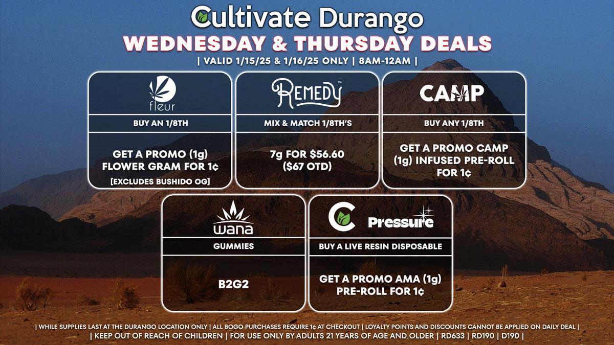 Cultivate Las Vegas Dispensary Daily Deals! Valid WEDNESDAY & THURSDAY 1/15-1/16 Only | 8AM-12AM | While Supplies Last!