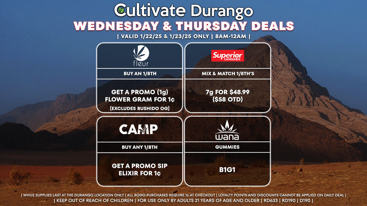 Cultivate Las Vegas Dispensary Daily Deals! Valid WEDNESDAY & THURSDAY 1/22-1/23 Only | 8AM-12AM | While Supplies Last!