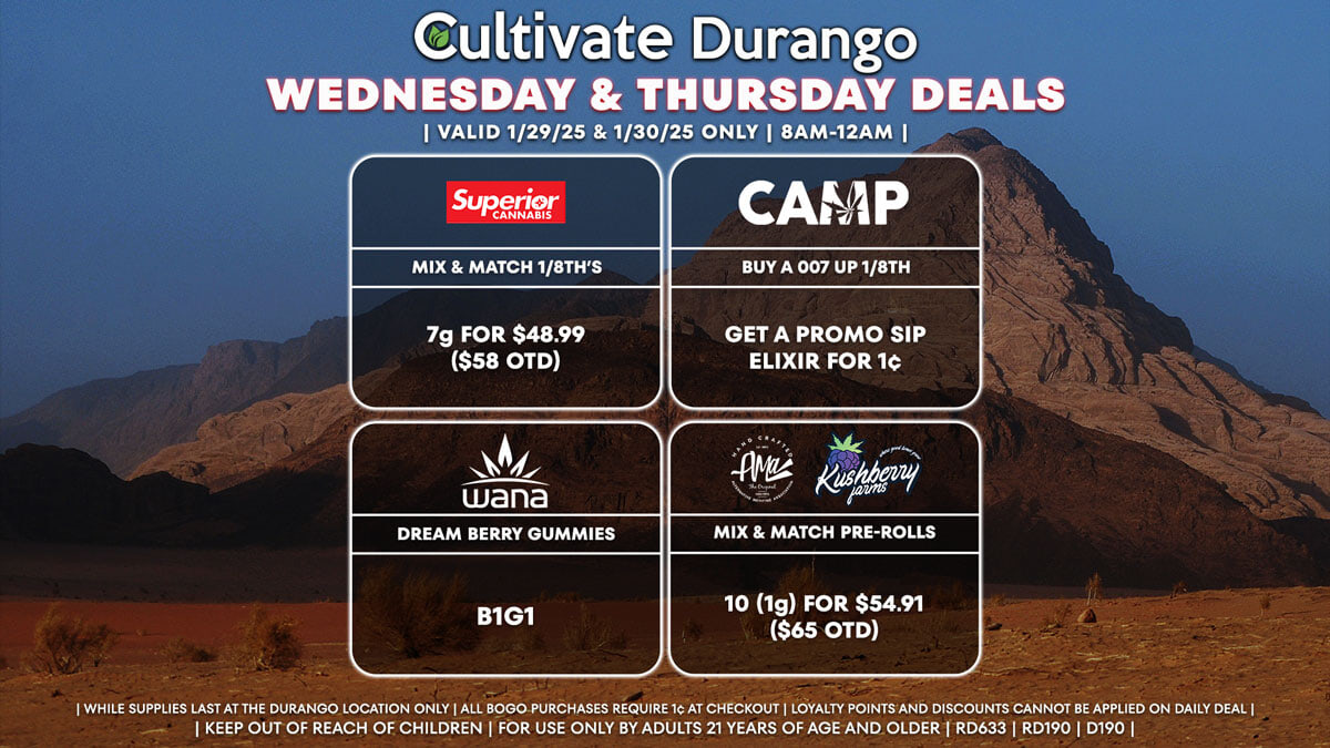 Cultivate Las Vegas Dispensary Daily Deals! Valid WEDNESDAY & THURSDAY 1/29-1/30 Only | 8AM-12AM | While Supplies Last!