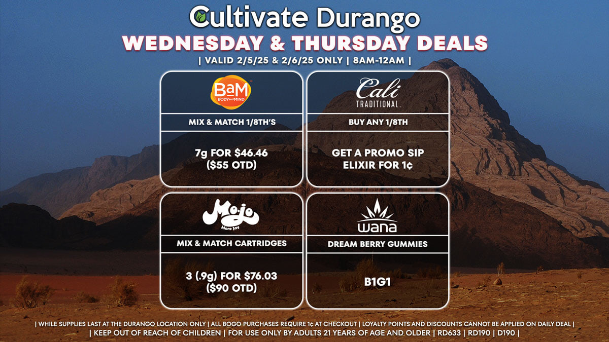 Cultivate Las Vegas Dispensary Daily Deals! Valid WEDNESDAY & THURSDAY 2/5-2/6 Only | 8AM-12AM | While Supplies Last!