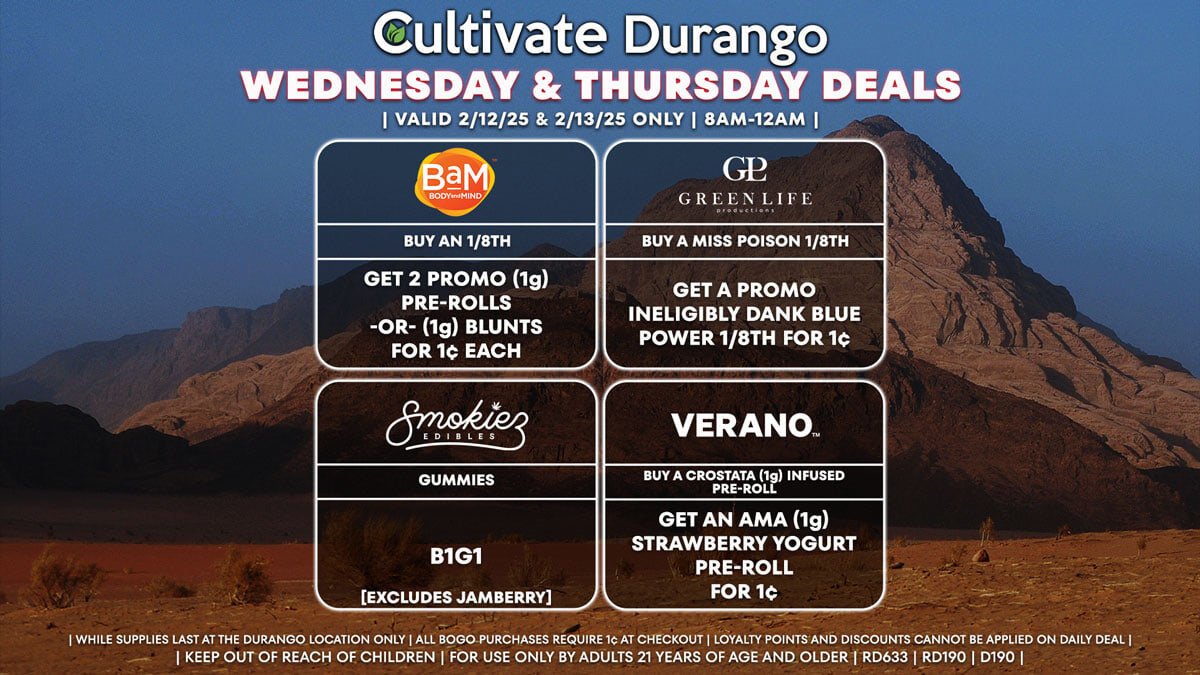 Cultivate Las Vegas Dispensary Daily Deals! Valid WEDNESDAY & THURSDAY 2/12-2/13 Only | 8AM-12AM | While Supplies Last!