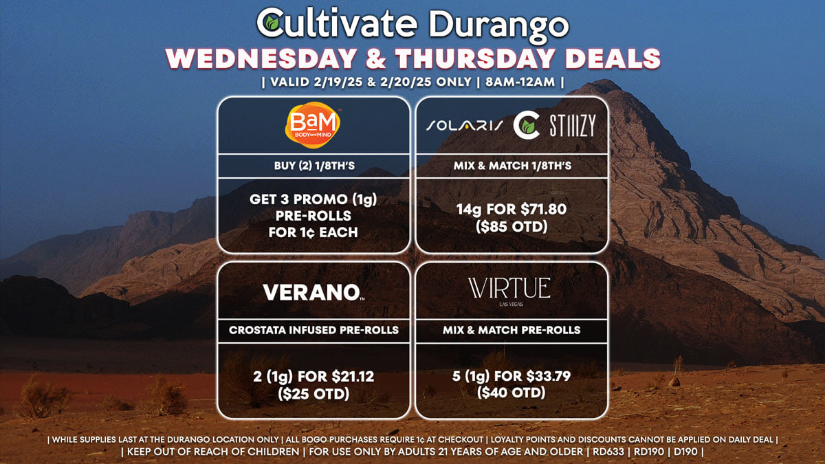 Cultivate Las Vegas Dispensary Daily Deals! Valid WEDNESDAY & THURSDAY 2/19-2/20 Only | 8AM-12AM | While Supplies Last!