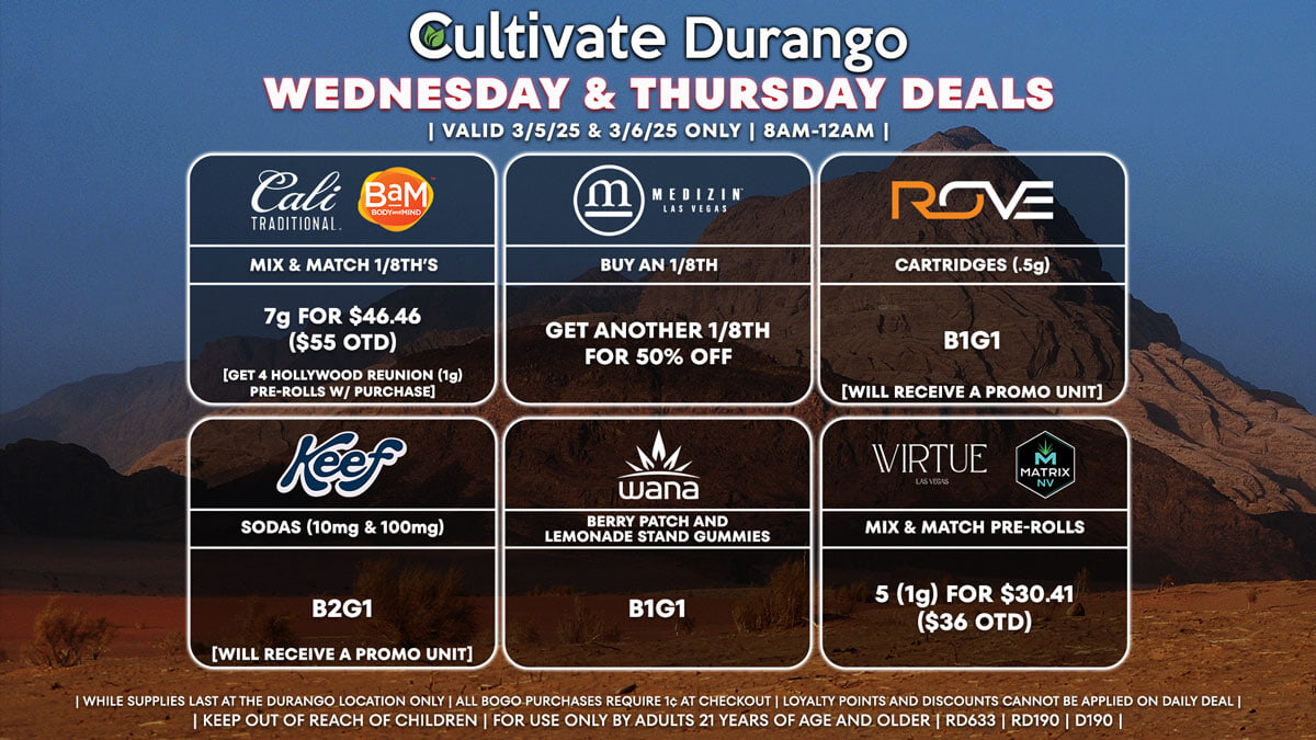 Cultivate Las Vegas Dispensary Daily Deals! Valid WEDNESDAY & THURSDAY 3/5-3/6 Only | 8AM-12AM | While Supplies Last!