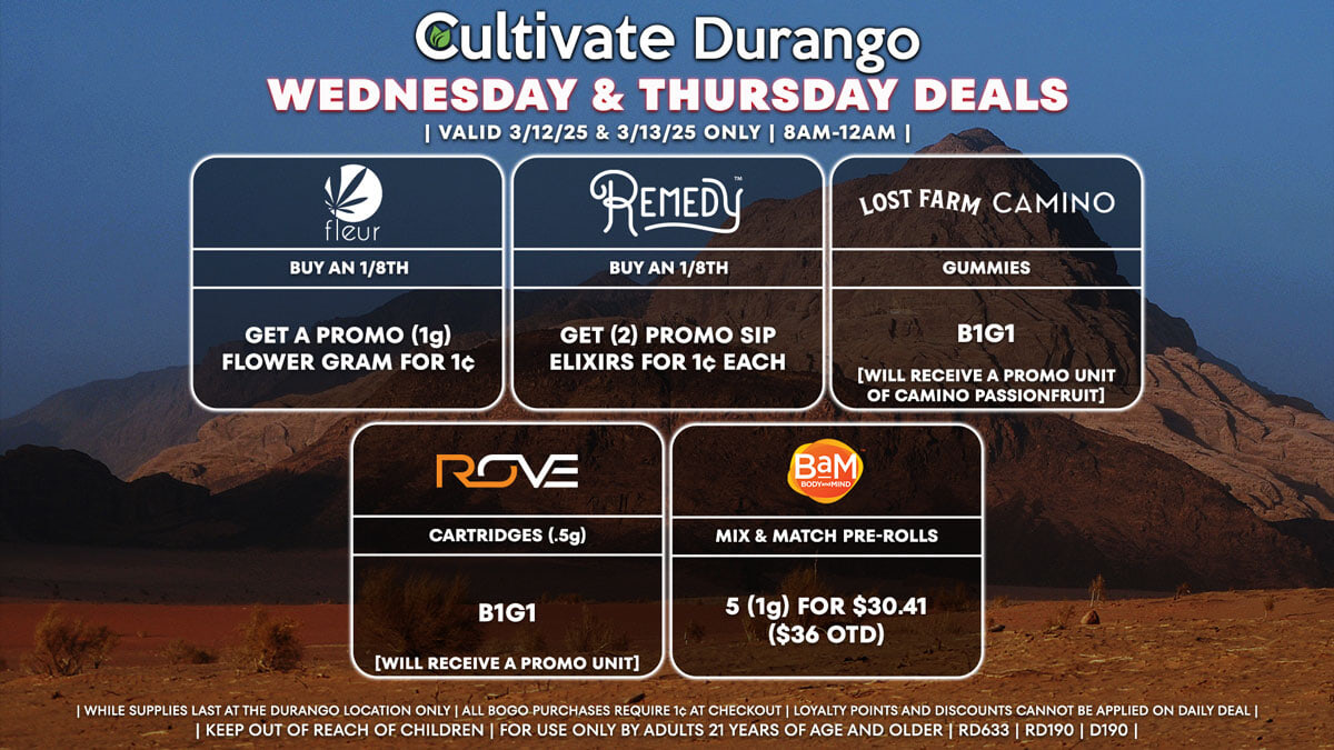 Cultivate Las Vegas Dispensary Daily Deals! Valid WEDNESDAY & THURSDAY 3/12-3/13 Only | 8AM-12AM | While Supplies Last!