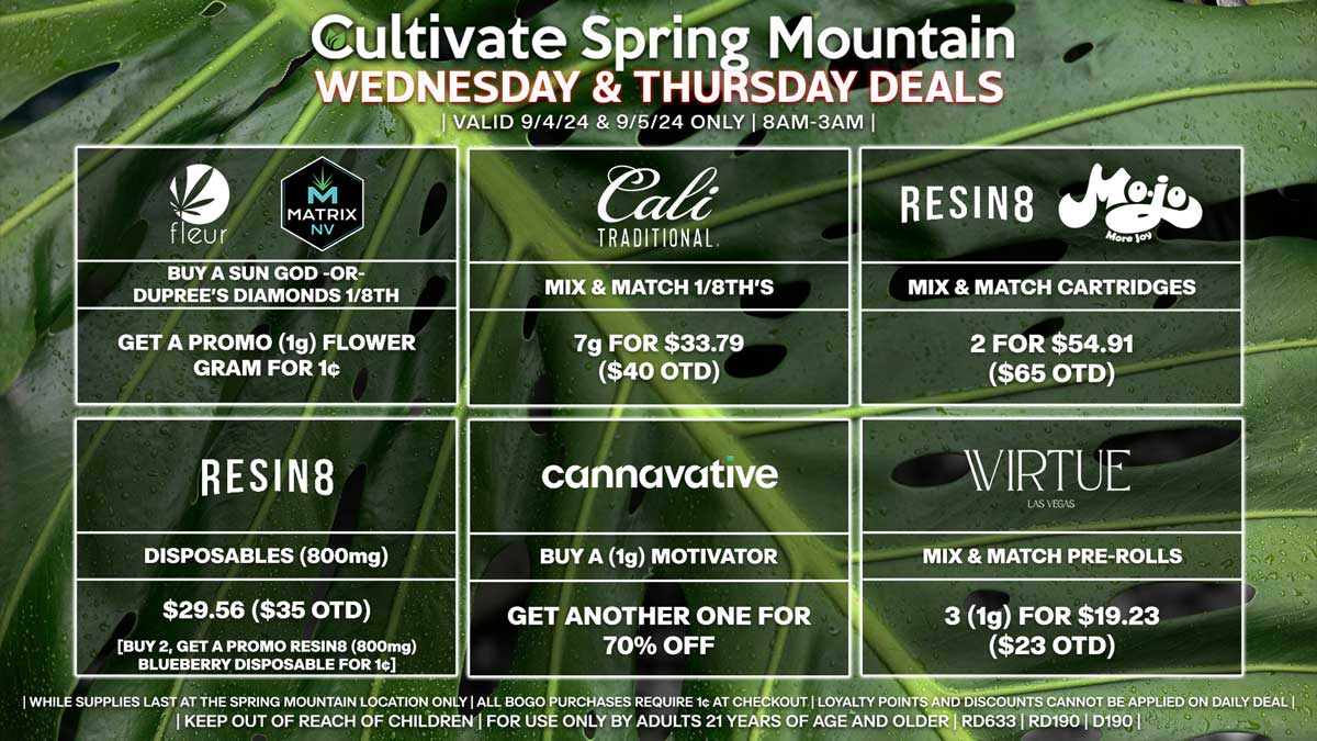 Cultivate Las Vegas Dispensary Daily Deals! Valid WEDNESDAY & THURSDAY 9/4-9/5 Only | 8AM-3AM | While Supplies Last!