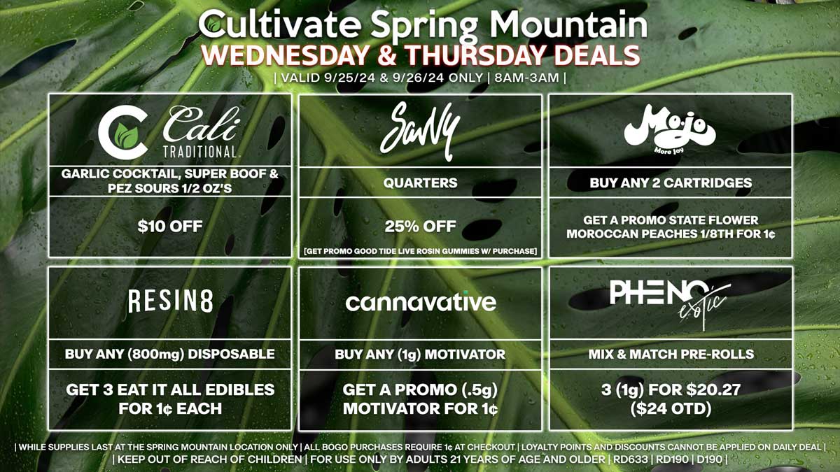 Cultivate Las Vegas Dispensary Daily Deals! Valid WEDNESDAY & THURSDAY 9/25-9/26 Only | 8AM-3AM | While Supplies Last!