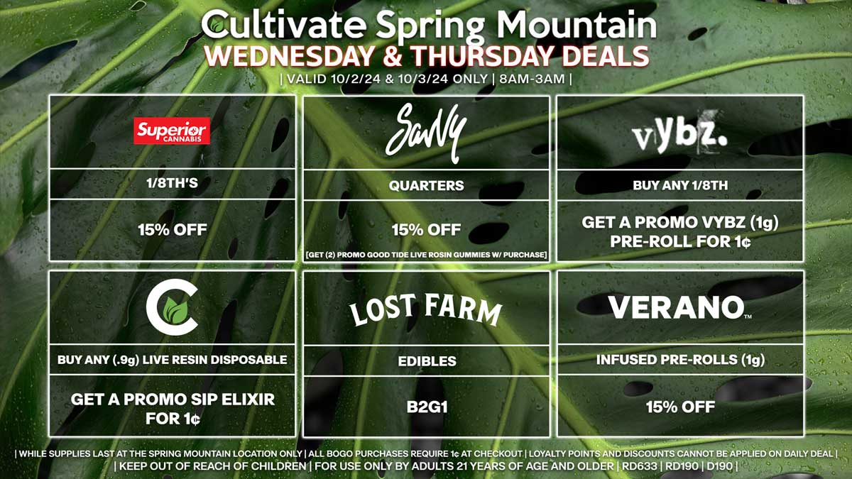 Cultivate Las Vegas Dispensary Daily Deals! Valid WEDNESDAY & THURSDAY 10/2-10/3 Only | 8AM-3AM | While Supplies Last!