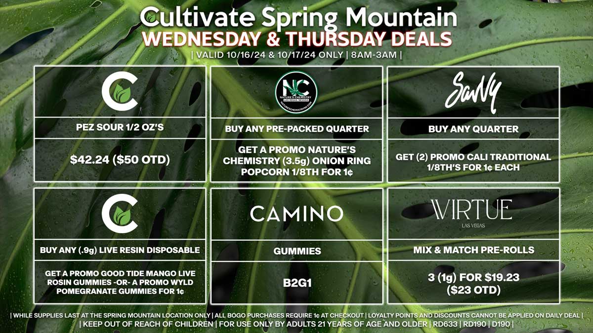 Cultivate Las Vegas Dispensary Daily Deals! Valid WEDNESDAY & THURSDAY 10/16-10/17 Only | 8AM-3AM | While Supplies Last!