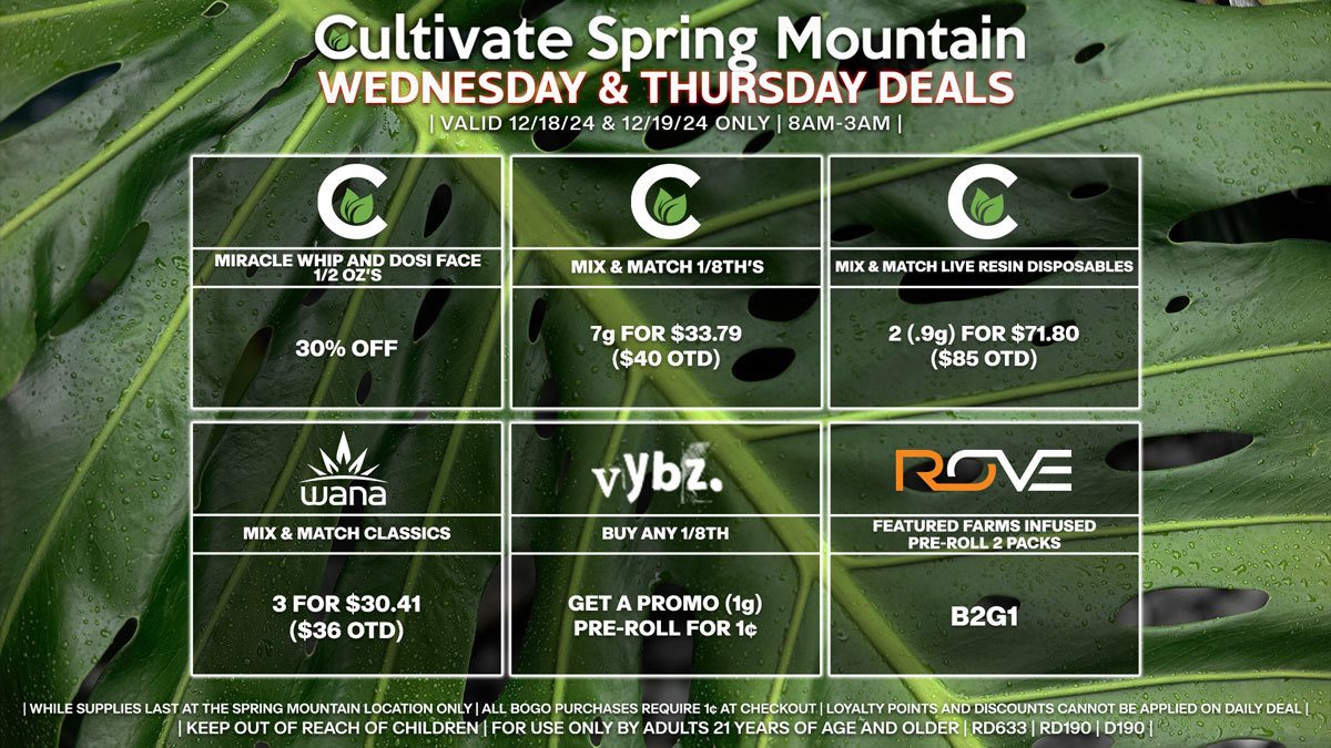 Cultivate Las Vegas Dispensary Daily Deals! Valid WEDNESDAY & THURSDAY 12/18-12/19 Only | 8AM-3AM | While Supplies Last!