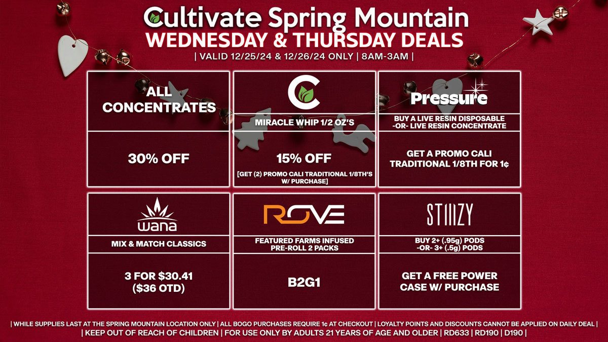 Cultivate Las Vegas Dispensary Daily Deals! Valid WEDNESDAY & THURSDAY 12/25-12/26 Only | 8AM-3AM | While Supplies Last!