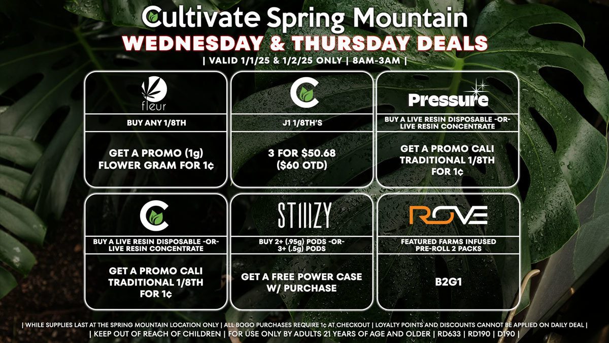 Cultivate Las Vegas Dispensary Daily Deals! Valid WEDNESDAY & THURSDAY 1/1-1/2 Only | 8AM-3AM | While Supplies Last!